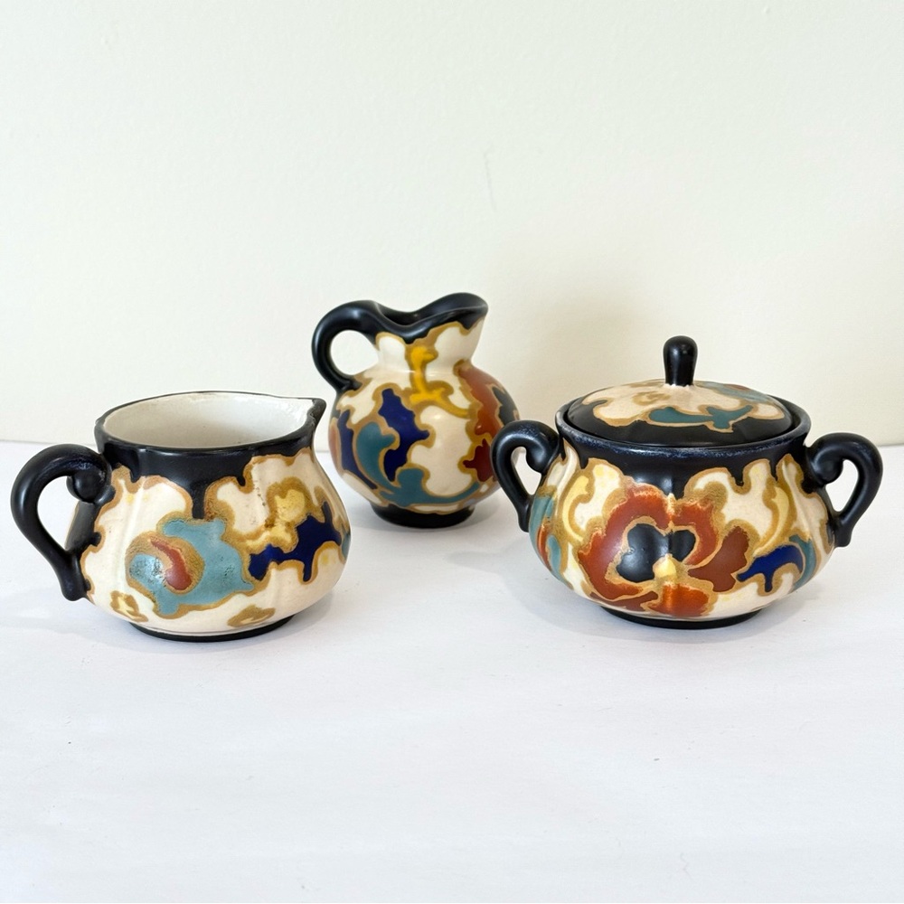 Regina Osiris W.B. Gouda Holland Cream & Sugar Set Of 3 Pottery Vintage